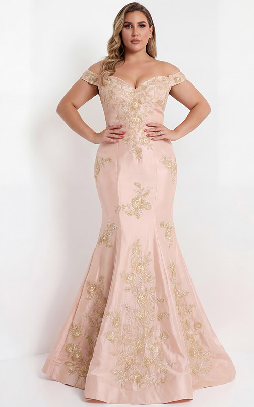 Elegant off shoulder gown with gold floral embroidery