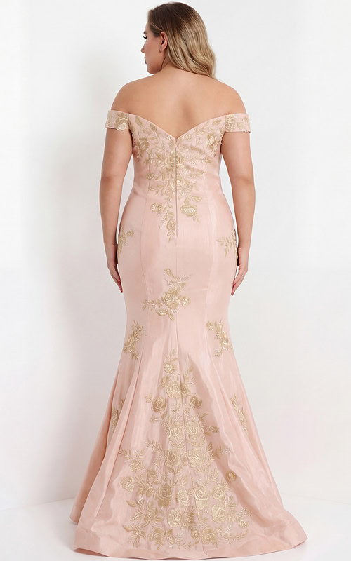Back view of embroidered off shoulder gown with gold detailing