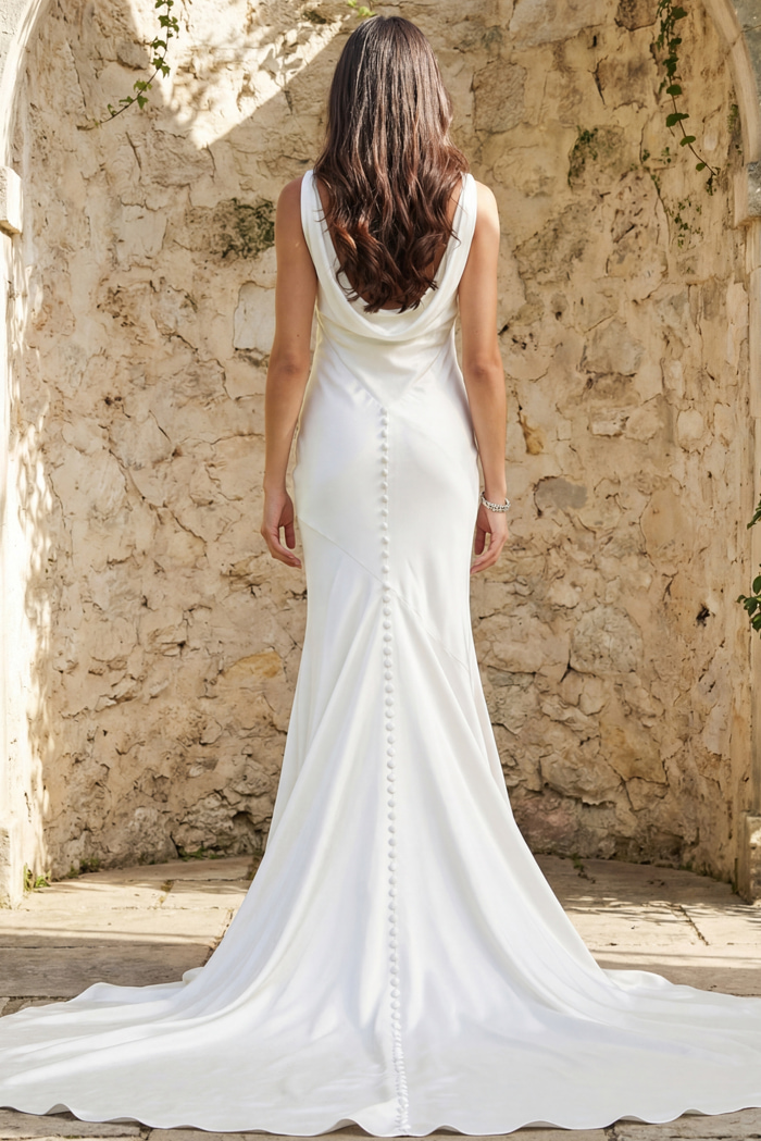 Back view of a fitted satin gown with draped cowl back, button detailing, and flowing train.
