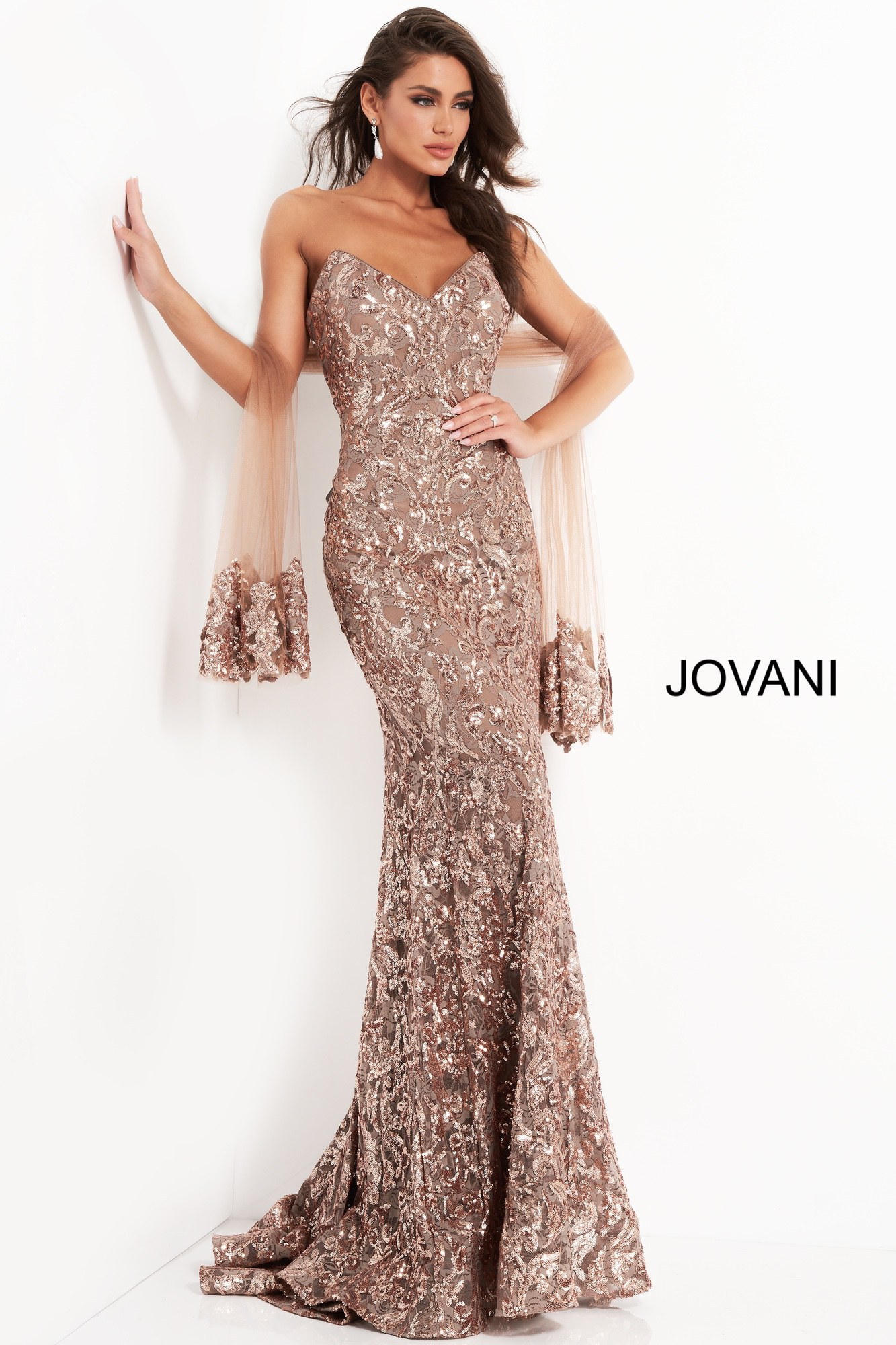 Jovani 05054 copper dress front view with draped sleeves.