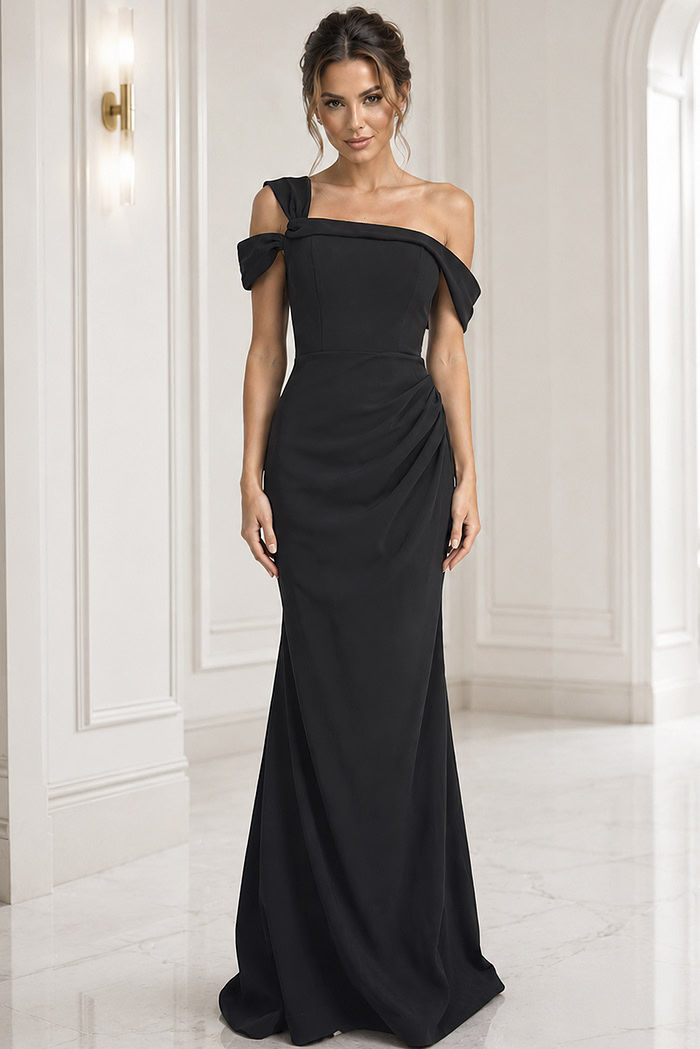 black fuchsia sheath off the shoulder evening dress - front full body, black, one-shoulder, ruched, fitted, elegant