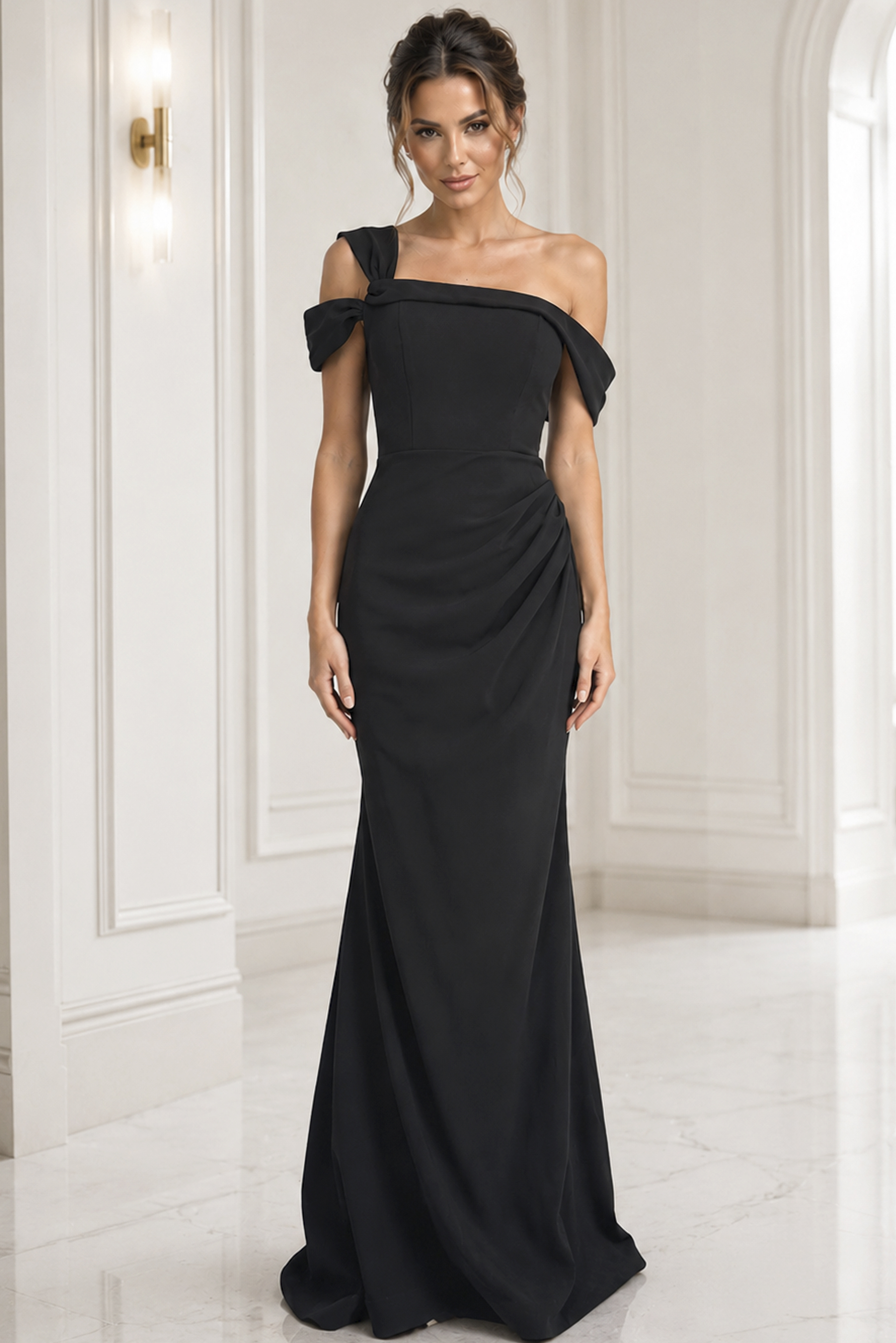 black fuchsia sheath off the shoulder evening dress - front full body, black, one-shoulder, ruched, fitted, elegant