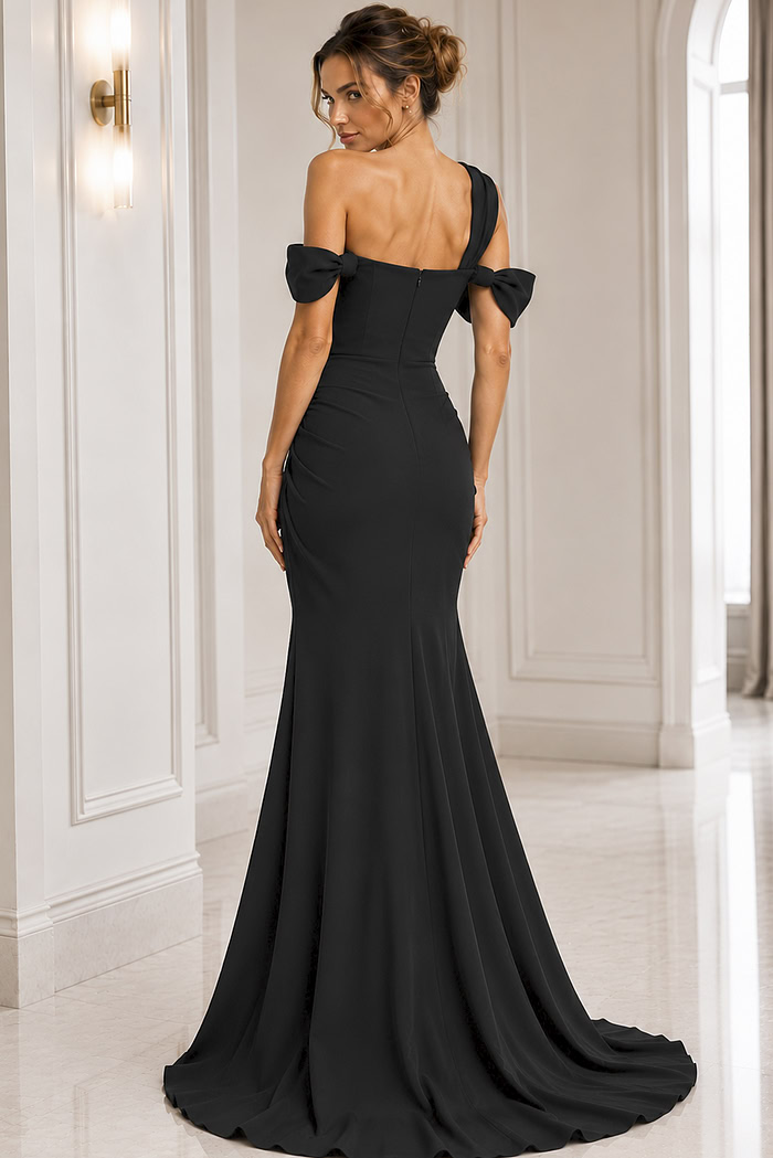black fuchsia sheath off the shoulder evening dress - back view, black, mermaid, asymmetric, bow shoulders, train