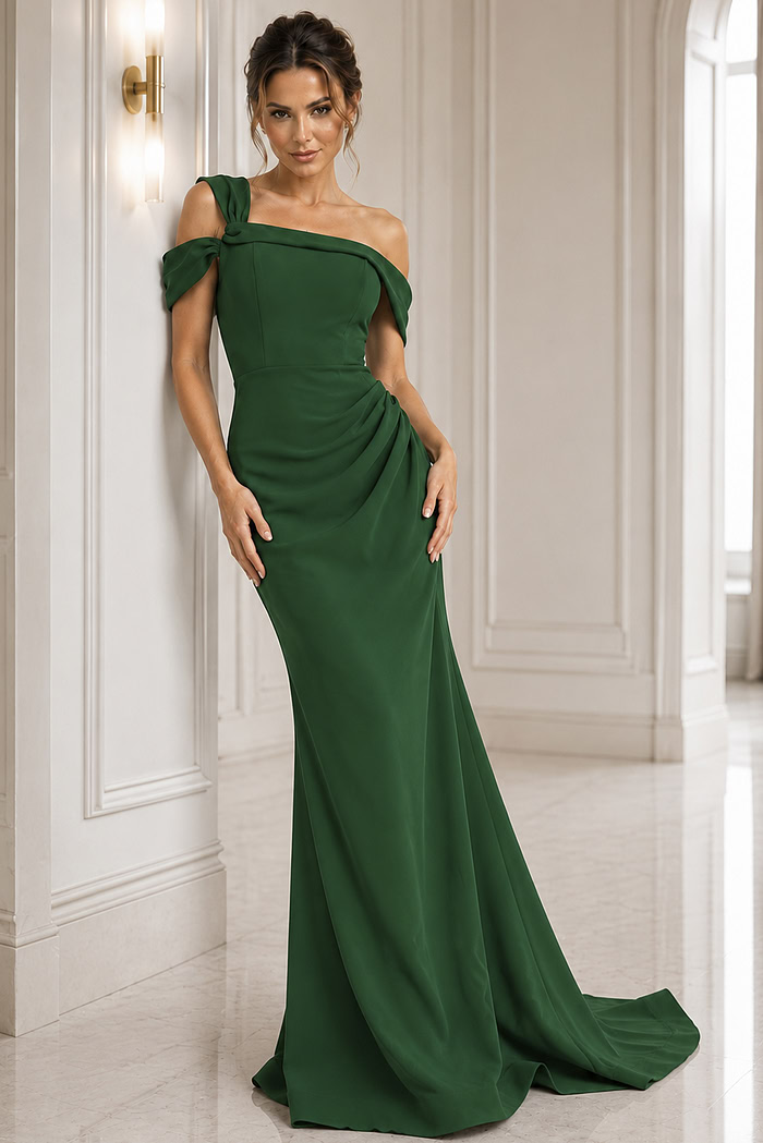 emerald fuchsia sheath off the shoulder evening dress - three quarter view, emerald, knotted off-shoulder, ruched waist, fitted column, subtle train