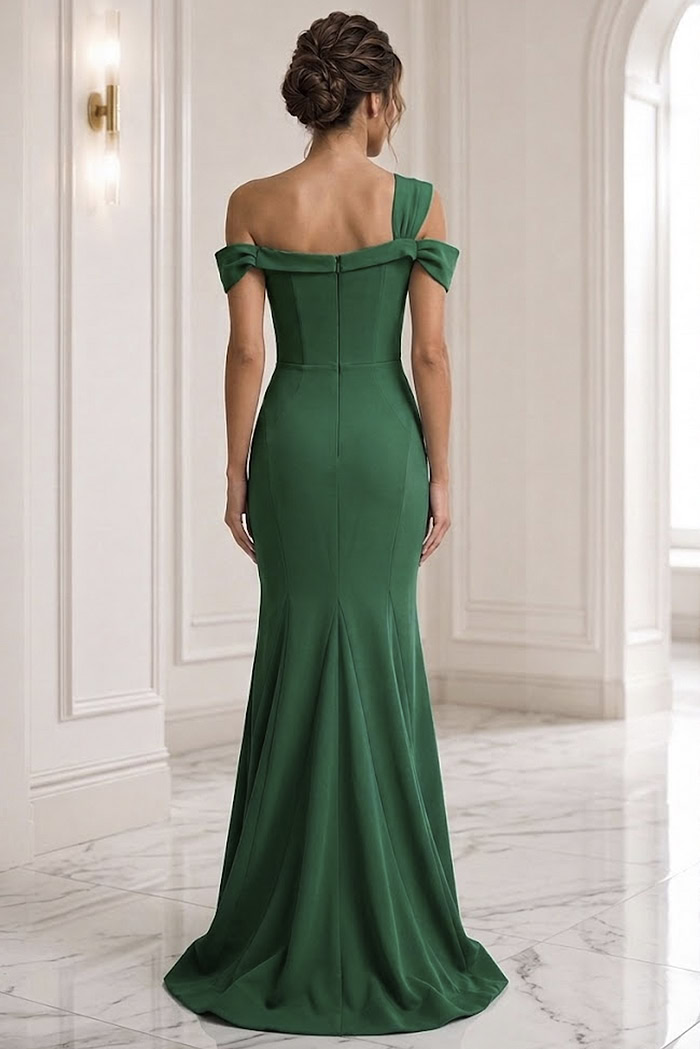emerald fuchsia sheath off the shoulder evening dress - back view, green fitted off-shoulder mermaid gown