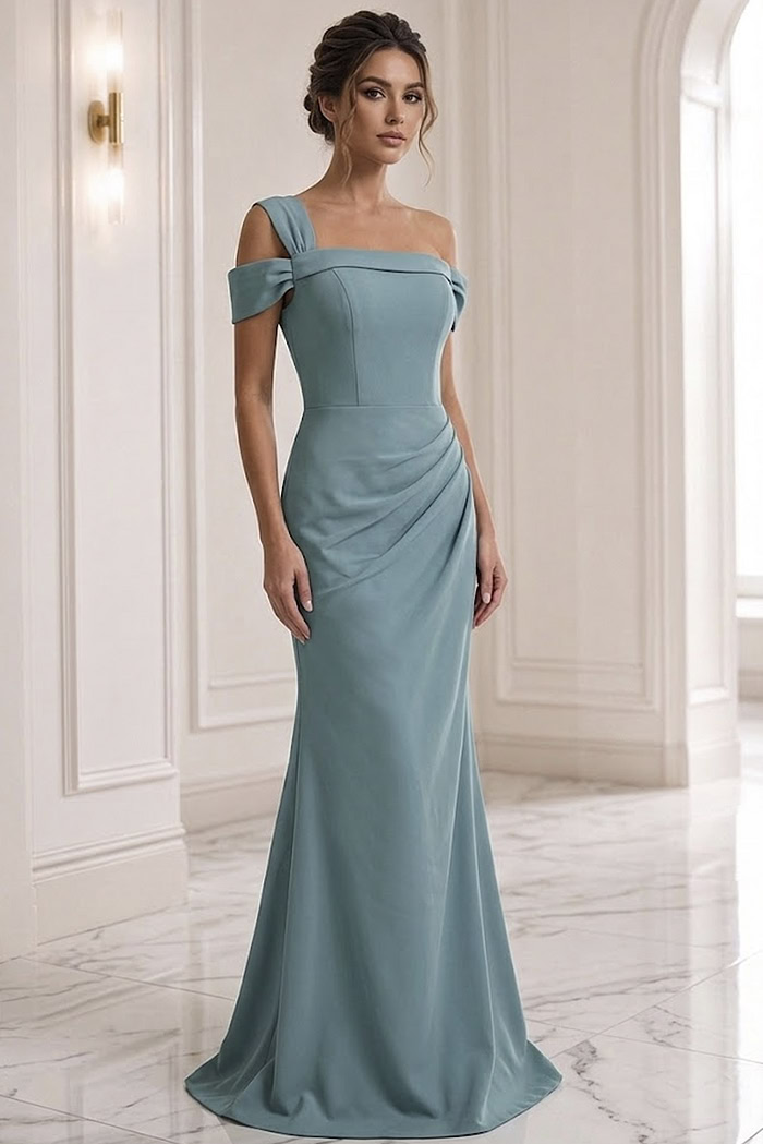 seafoam fuchsia sheath off the shoulder evening dress - front full body, dusty blue, one-shoulder, side ruching, trumpet