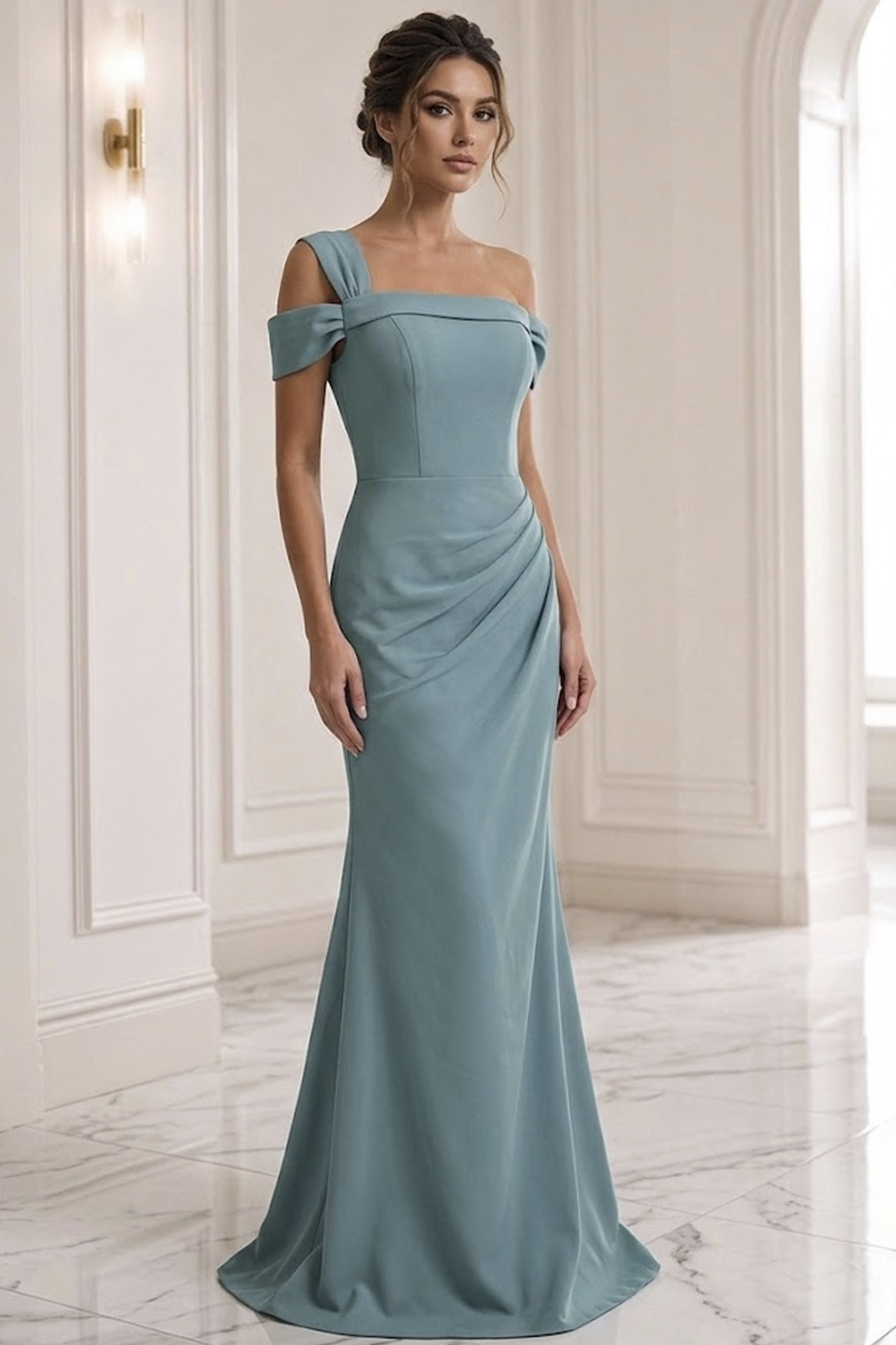 seafoam fuchsia sheath off the shoulder evening dress - front full body, dusty blue, one-shoulder, side ruching, trumpet
