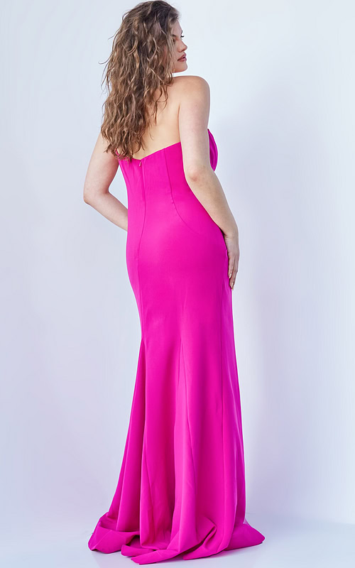 Model displaying Jovani 07306 fuchsia gown, front perspective with neckline and bow detail