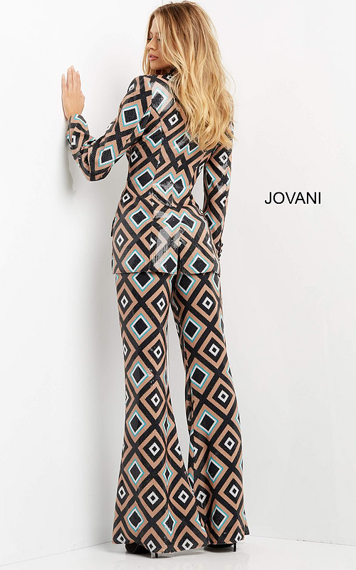 Back view of Jovani 07921 jumpsuit displaying geometric print.