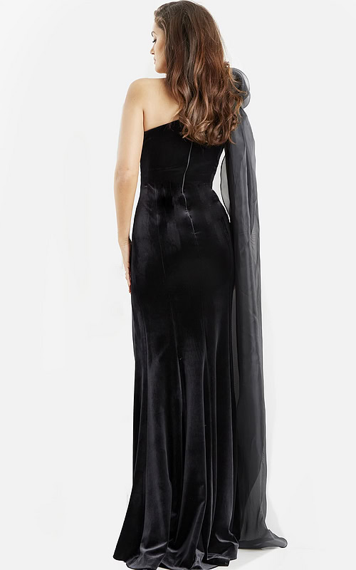 Back view of Jovani 08116 gown, displaying the elegant flow and slight train.