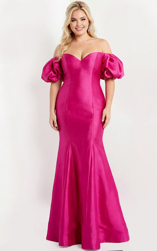 Elegant off-shoulder gown with soft sweetheart neckline and voluminous puff sleeves.