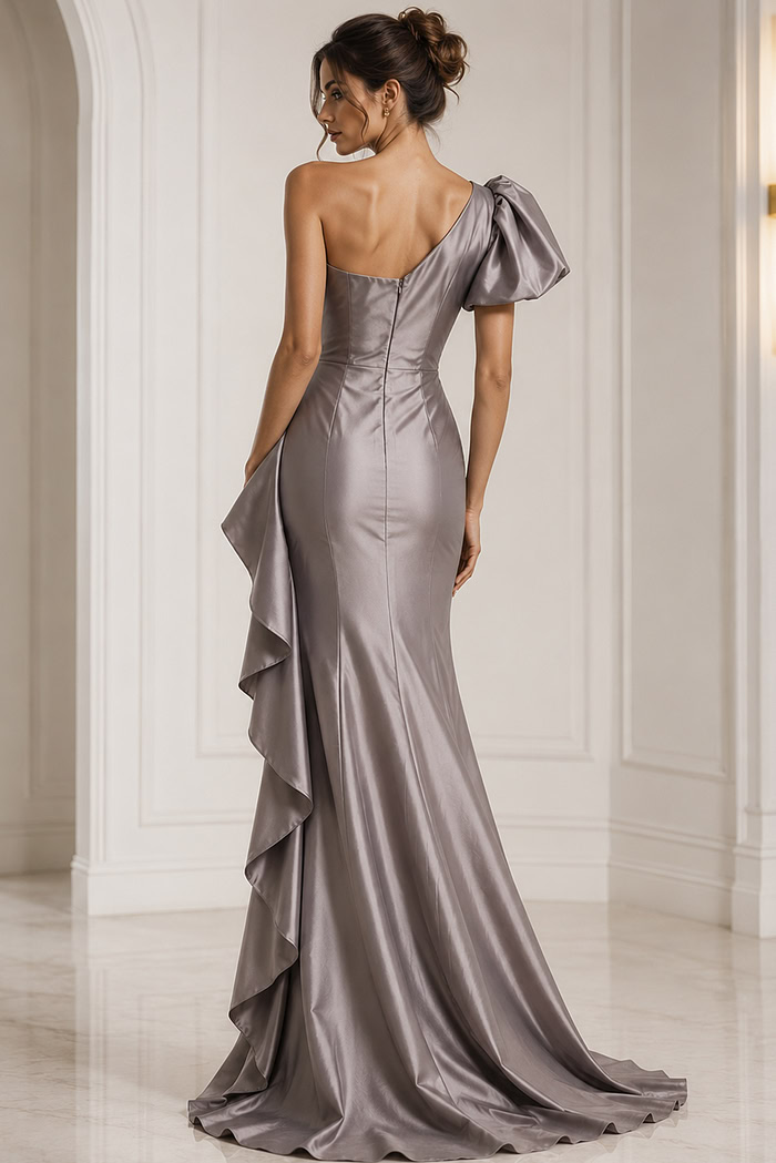 taupe indigo one shoulder short sleeve evening gown - back view, asymmetrical puffed sleeve, shimmering gray, waterfall ruffles, mermaid silhouette