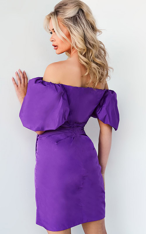 model wearing Jovani 09476 purple dress with off-shoulder neckline and puff sleeves back view