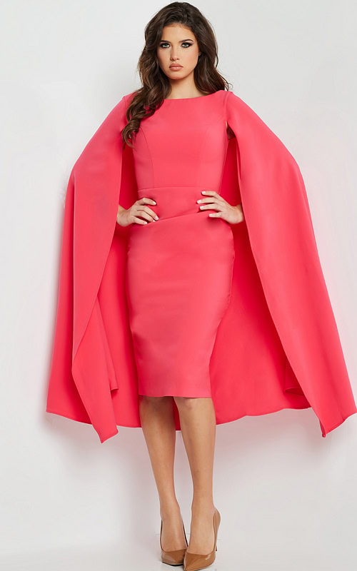 Model wearing Jovani 09756 red dress with cape sleeves from the front view.