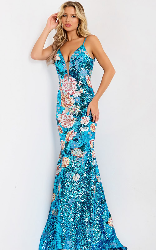 Blue sequin dress with flowers 48637