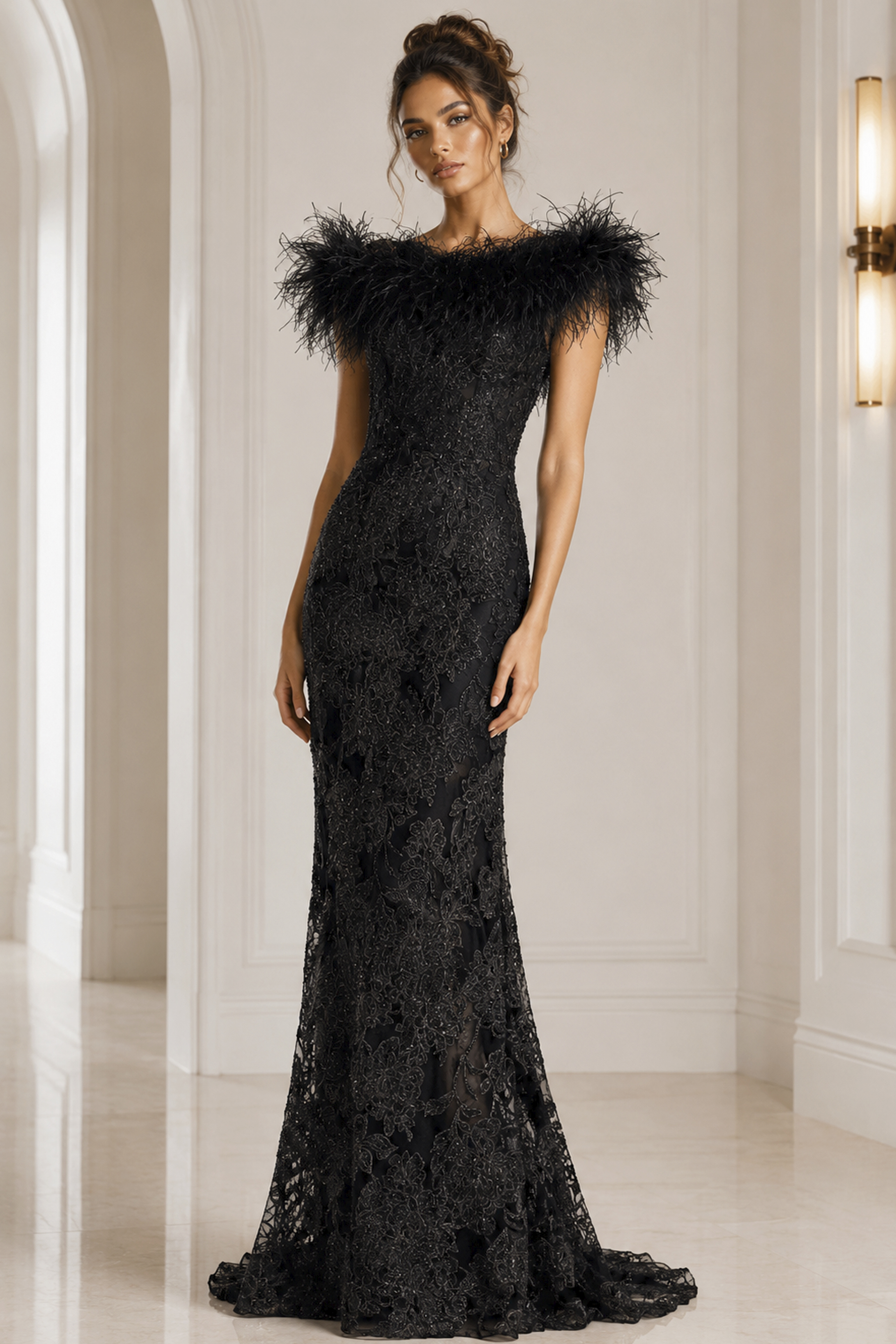 black brown lace off the shoulder gown - front full body, black, feathered shoulders, intricate lace, fitted
