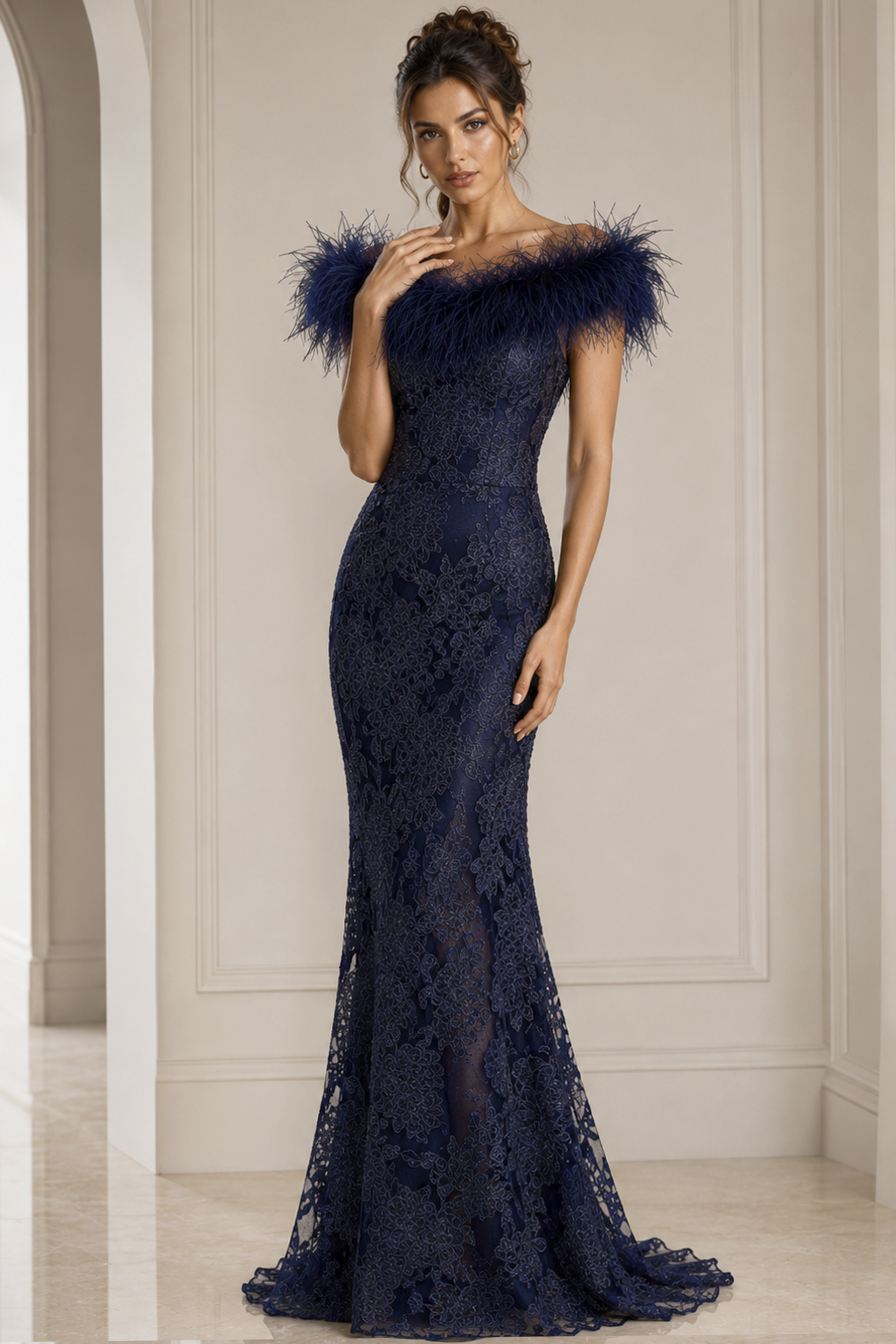 navy brown lace off the shoulder gown - three quarter view, navy feathered off-shoulder lace mermaid