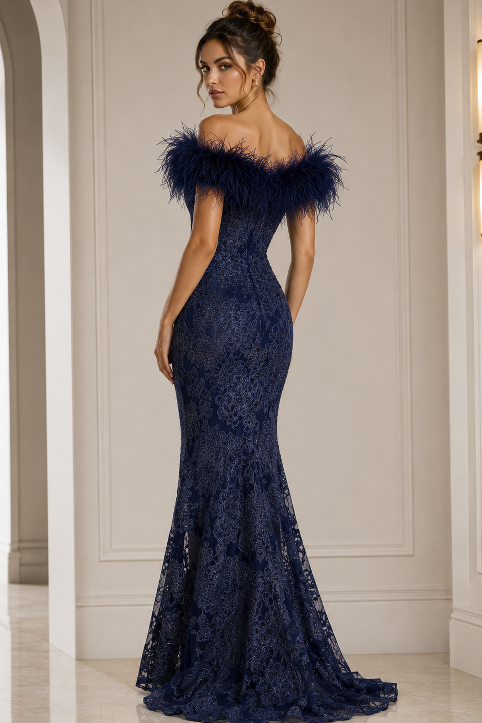 navy brown lace off the shoulder gown - back view, navy feathered off-shoulder lace trumpet
