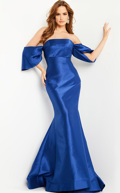Model wearing Jovani 23398 in burgundy, front view.