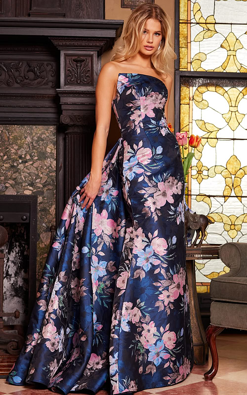 Model wearing Jovani 23893 strapless floral gown with A-line silhouette from the front.