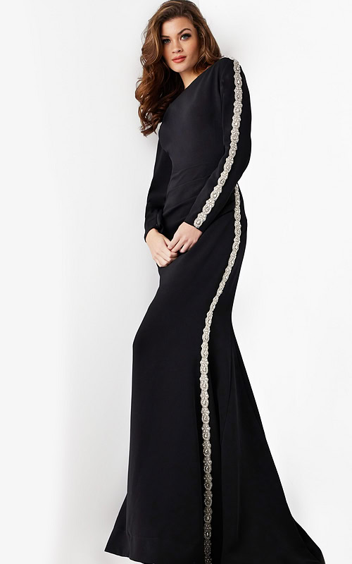 model wearing Jovani 24191: black mermaid gown with silver embellishment, front view