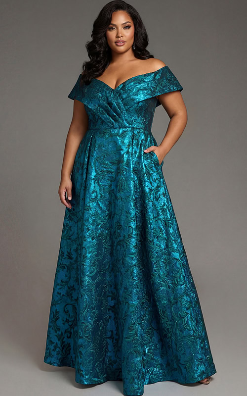 Elegant off shoulder teal brocade gown front view