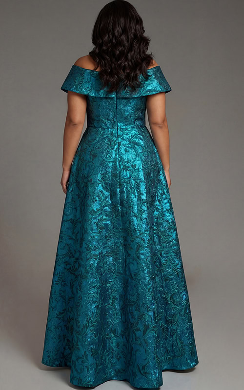 Elegant off shoulder teal brocade gown back view