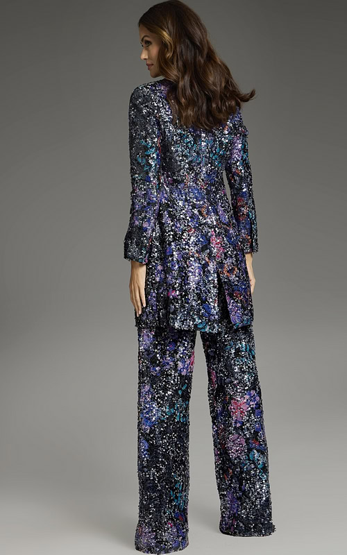 Back view of Jovani 25750 multi-colored sequin jacket and pants