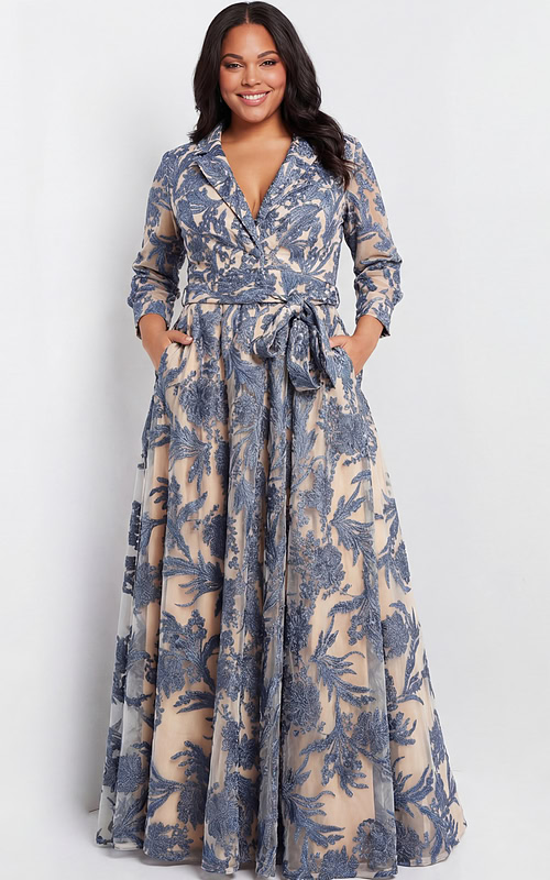 Plus size long-sleeve embroidered gown with wrap bodice