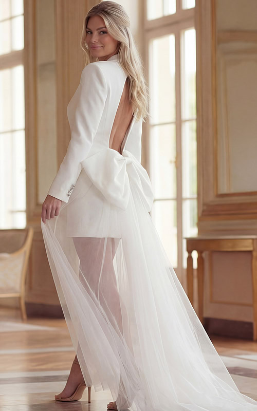 Open Back Jacket Dress With Oversized Bow And Flowing Sheer Train