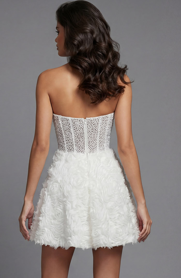 strapless corset dress with sheer boning and raised floral fabric