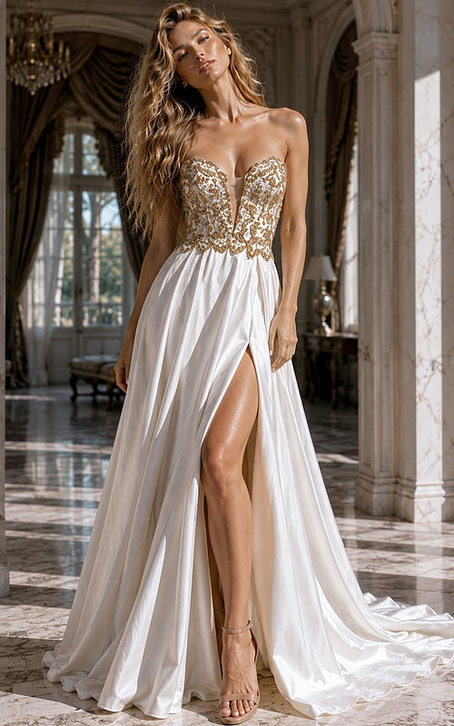 Full-length front view of Jovani style 36700 ivory satin A-line gown with gold beadwork and front slit