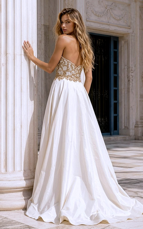 Back view of Jovani 36700 white satin gown showing flowing A-line skirt and beaded back bodice