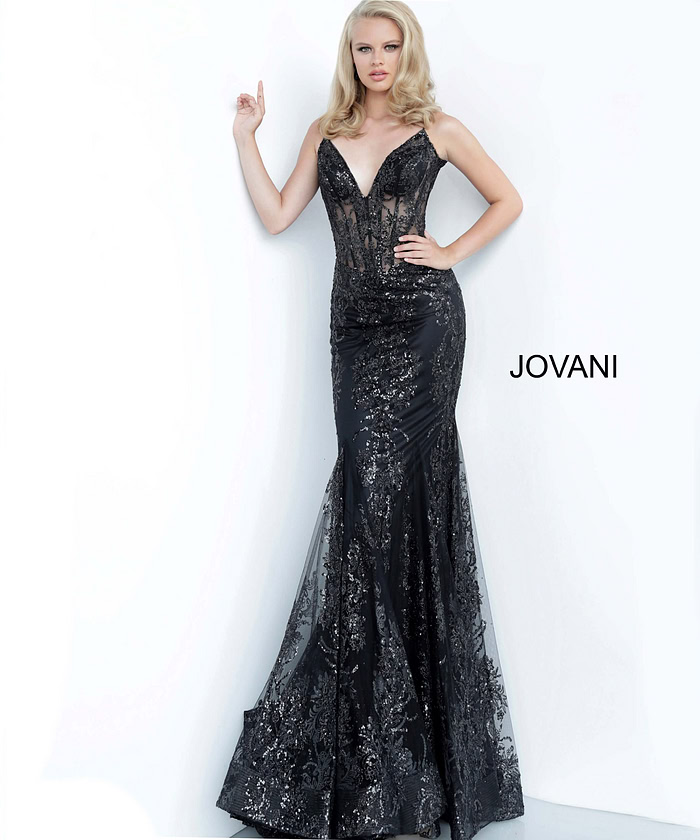 Model wearing Jovani 3675 black dress with detailed sequin embellishments.