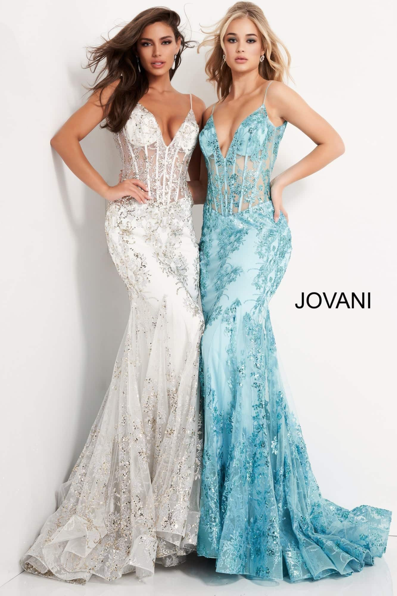 Models wearing Jovani 3675 dress in white and blue with intricate detailing.