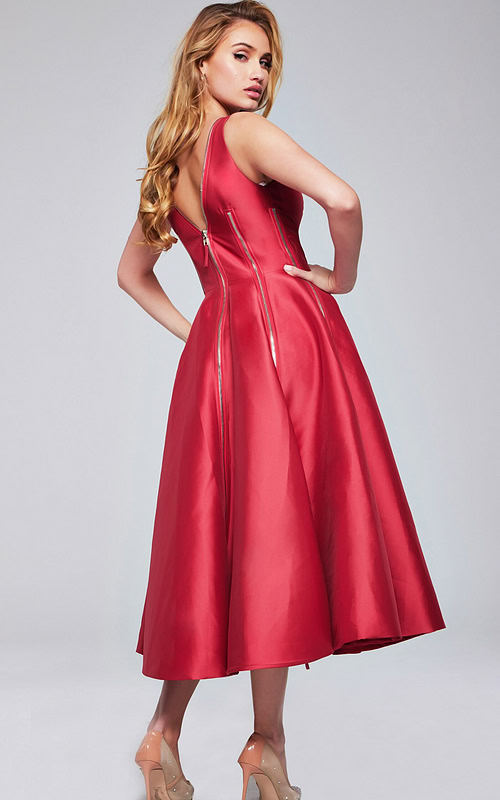 Model wearing Jovani 37393 red dress viewed from the side.