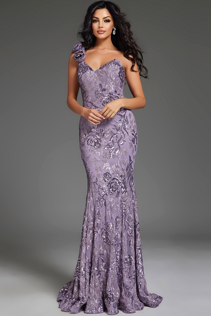Model wearing Jovani 37634 lilac gown with sweetheart neckline and floral appliquรฉs.