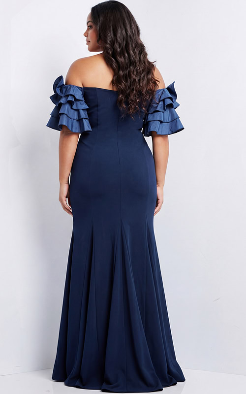 Back view of off the shoulder gown with tiered ruffle sleeves.