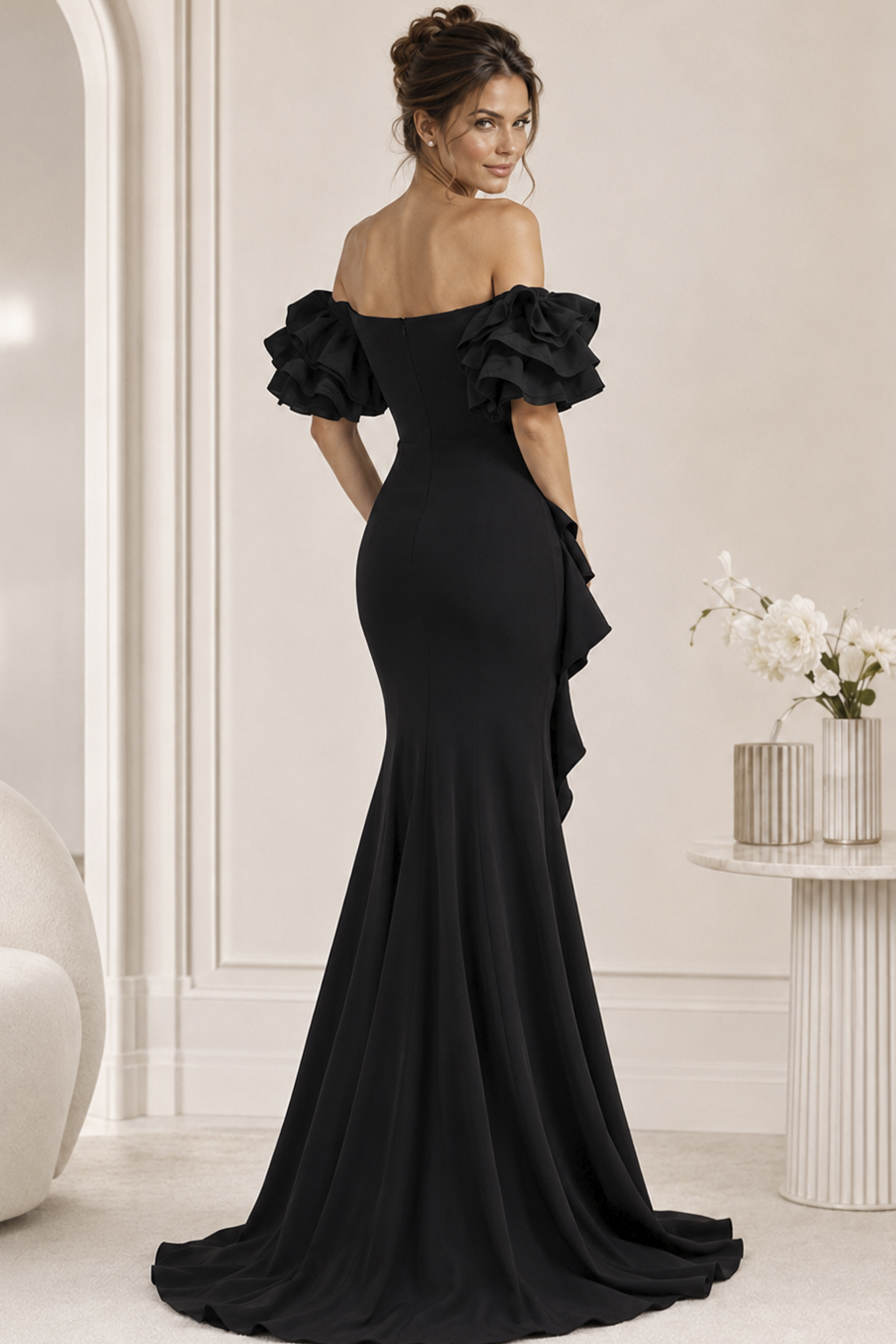 back of ruffled shoulder dress 37674