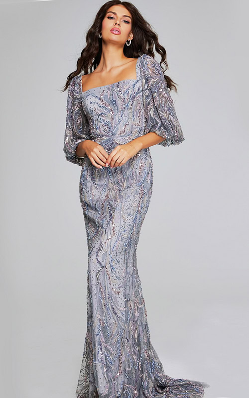 Model wearing Jovani 38110 elegant gray dress with square neckline and puff sleeves, front view.