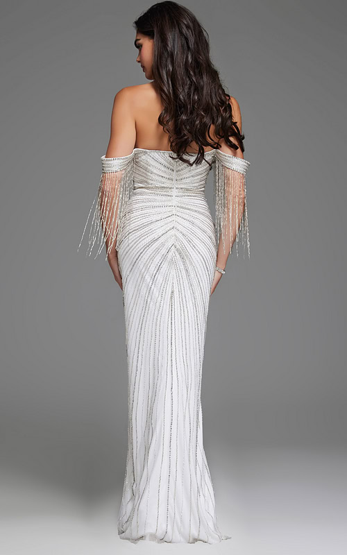 Back view of model wearing Jovani 38274 white gown highlighting the off-the-shoulder design and fitted silhouette.