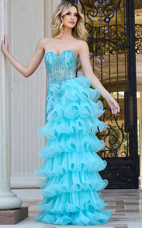 Front view of Jovani 38295 blue gown with intricate beadwork and ruffles.