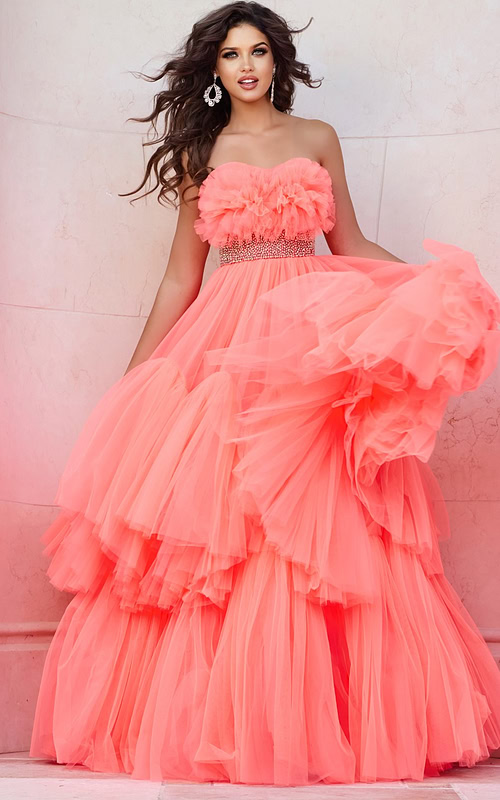 Model wearing Jovani 38299 orange gown with floral ruffles and embellished waist, back view.