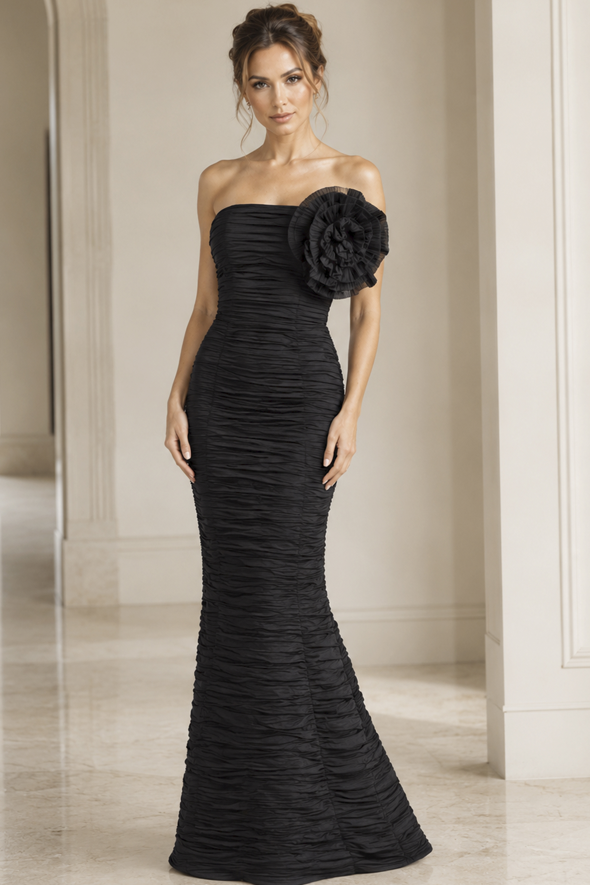 black fuchsia off the shoulder crinkle long gown - front full body, black strapless ruched large flower