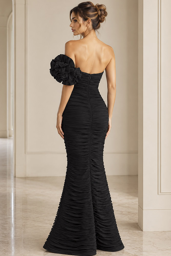black fuchsia off the shoulder crinkle long gown - back view, strapless, ruched, single floral shoulder, mermaid