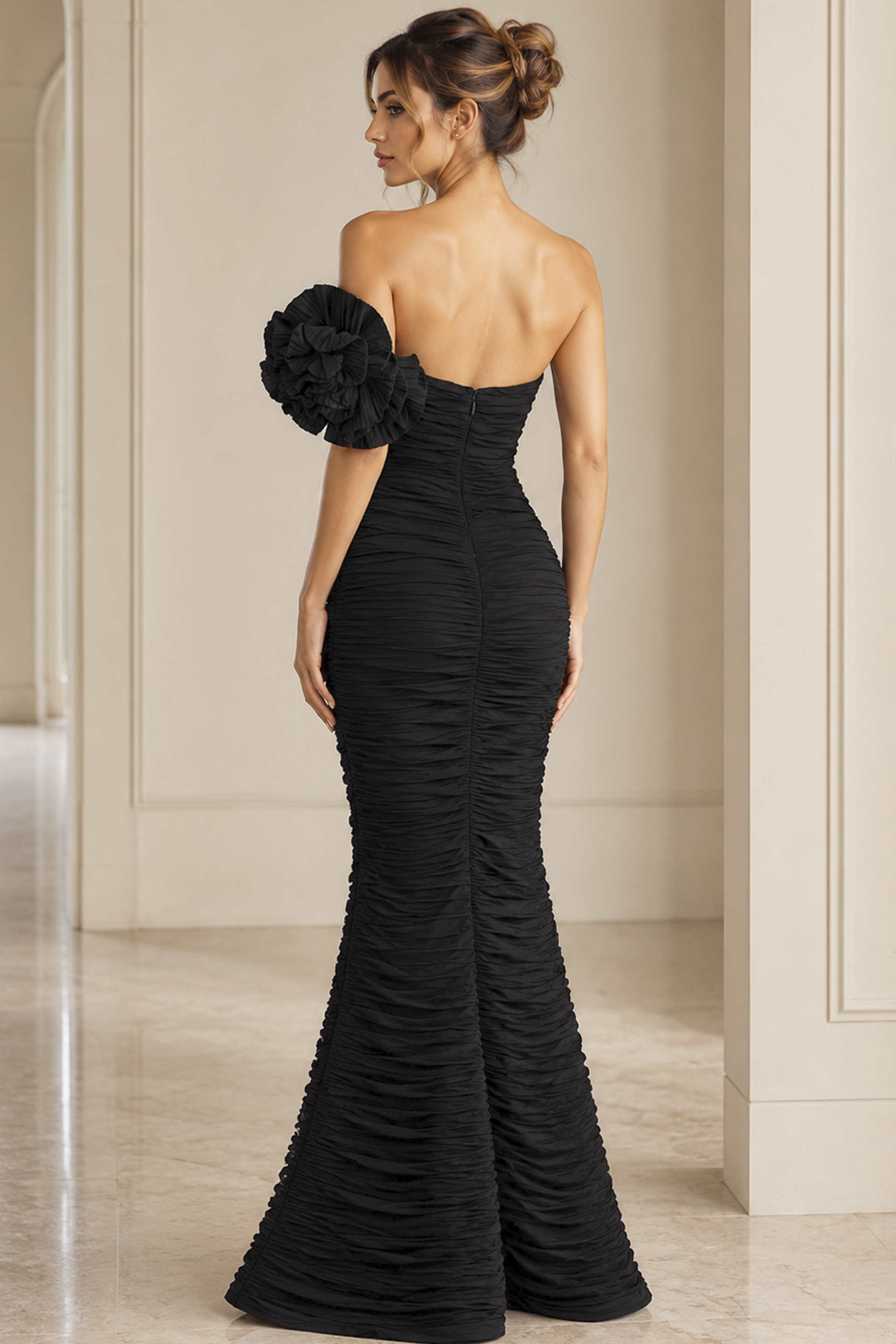 black fuchsia off the shoulder crinkle long gown - back view, strapless, ruched, single floral shoulder, mermaid