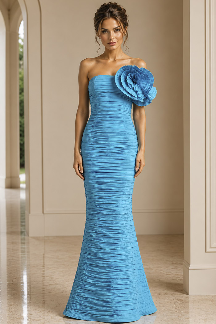 turquoise fuchsia off the shoulder crinkle long gown - front full body, blue strapless ruched shoulder flower