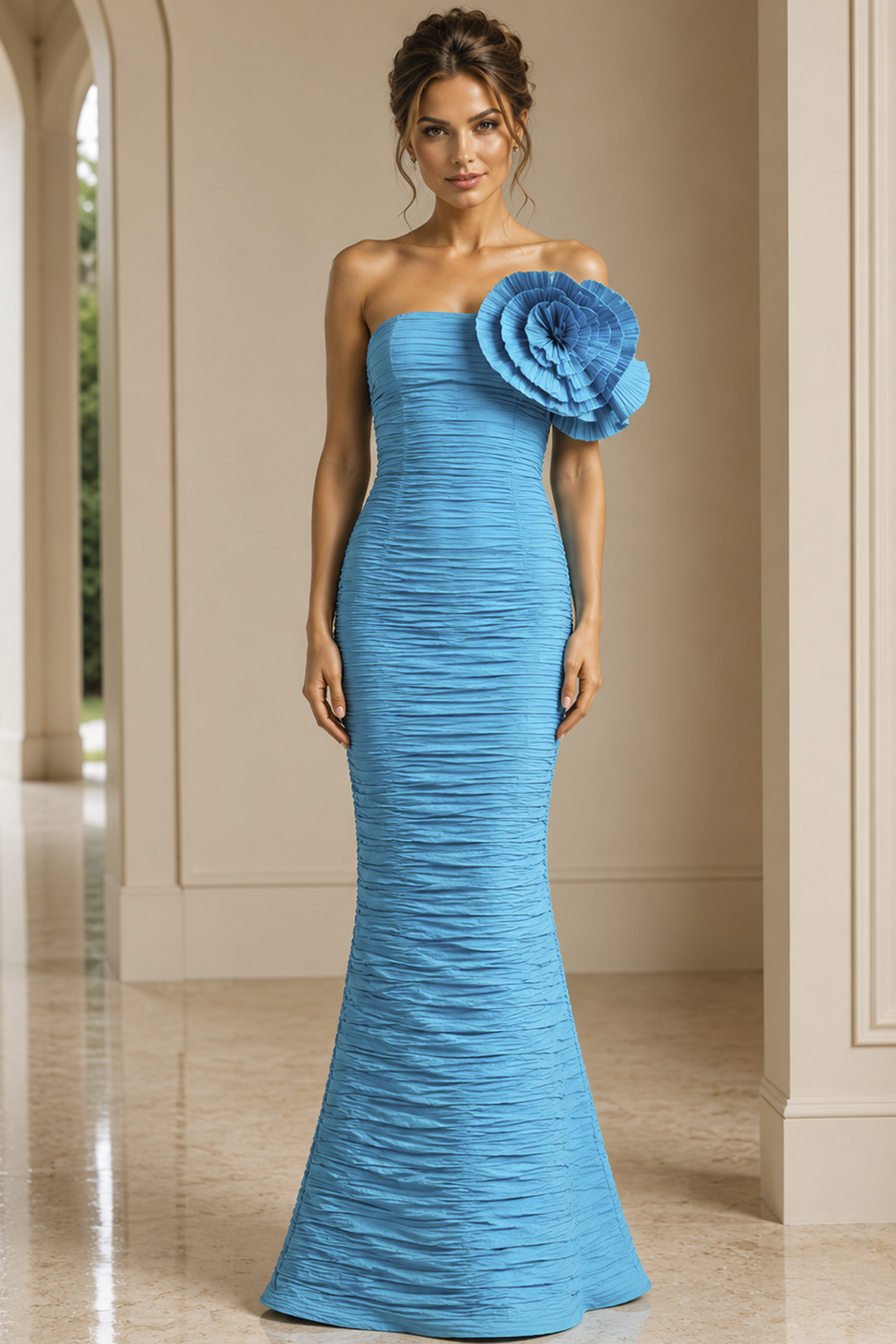 turquoise fuchsia off the shoulder crinkle long gown - front full body, blue strapless ruched shoulder flower