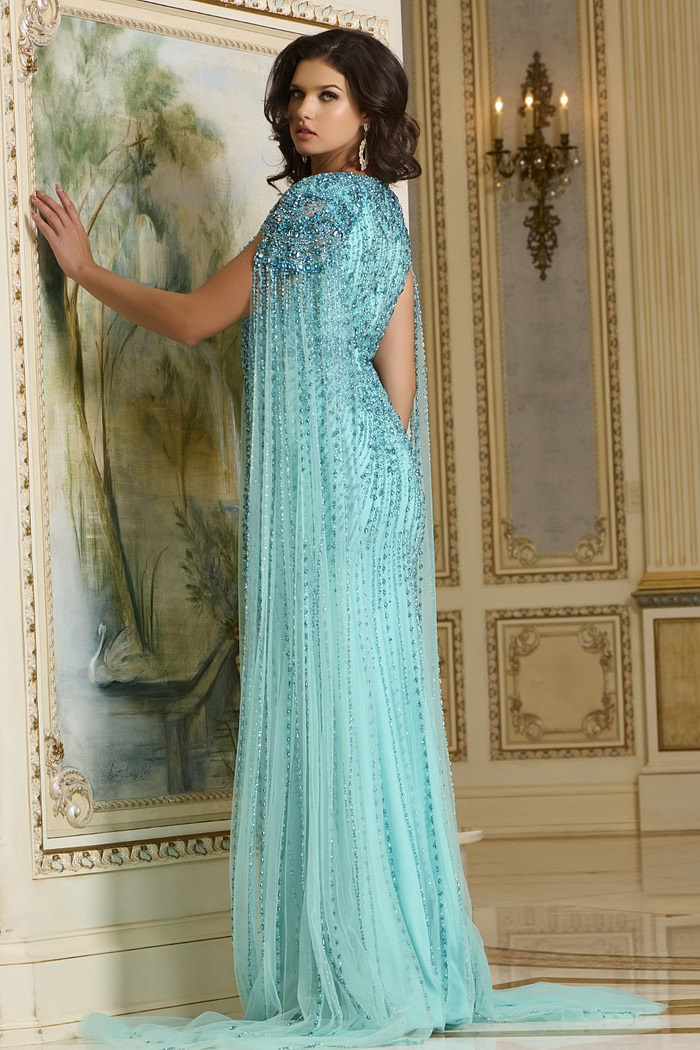 Back view of Jovani 38964 blue gown with beaded cap sleeves