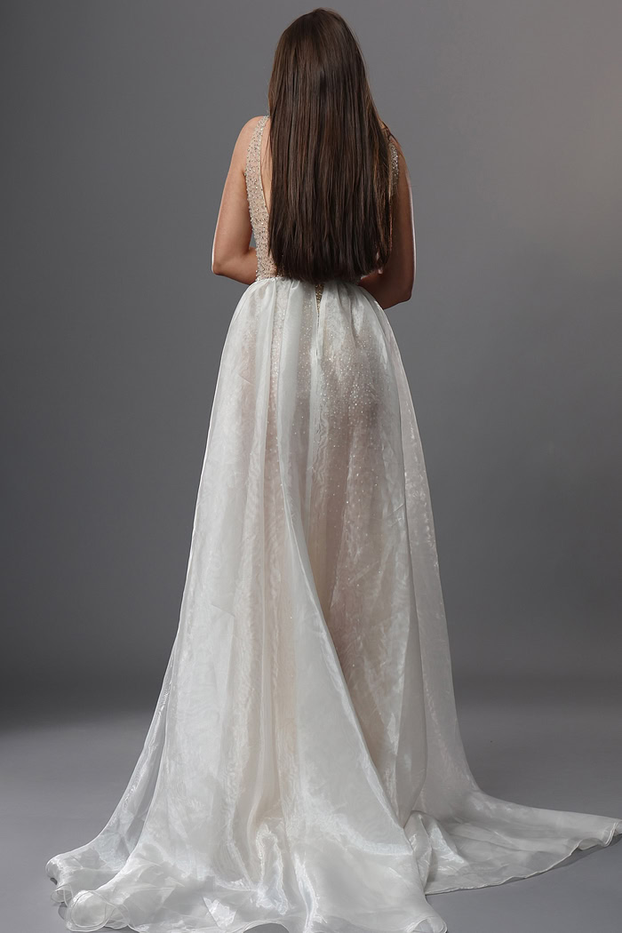 crystal embellished fitted evening gown with cape